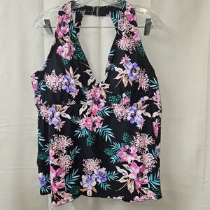 Island Escape Black Floral Halter Tankini Top with Pink & Purple Flowers